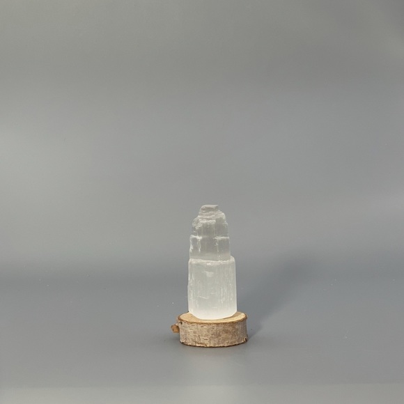 Selenite Skyscaper Tower & Tree Slice Base & Card - Picture 5 of 9